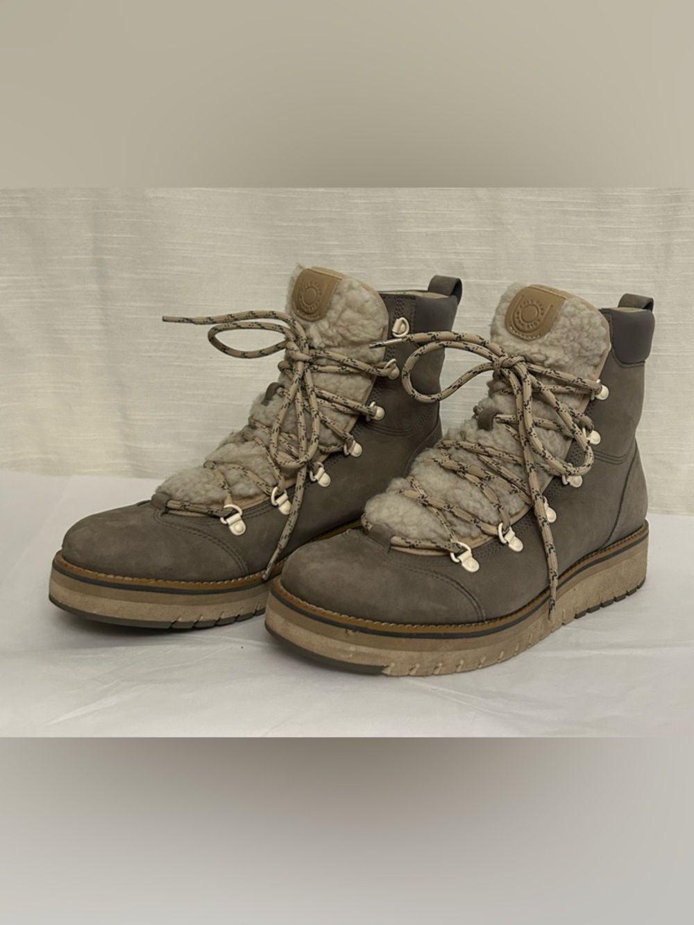 Cole Haan Taupe Suede Lace-Up Shearling Trim Boots
